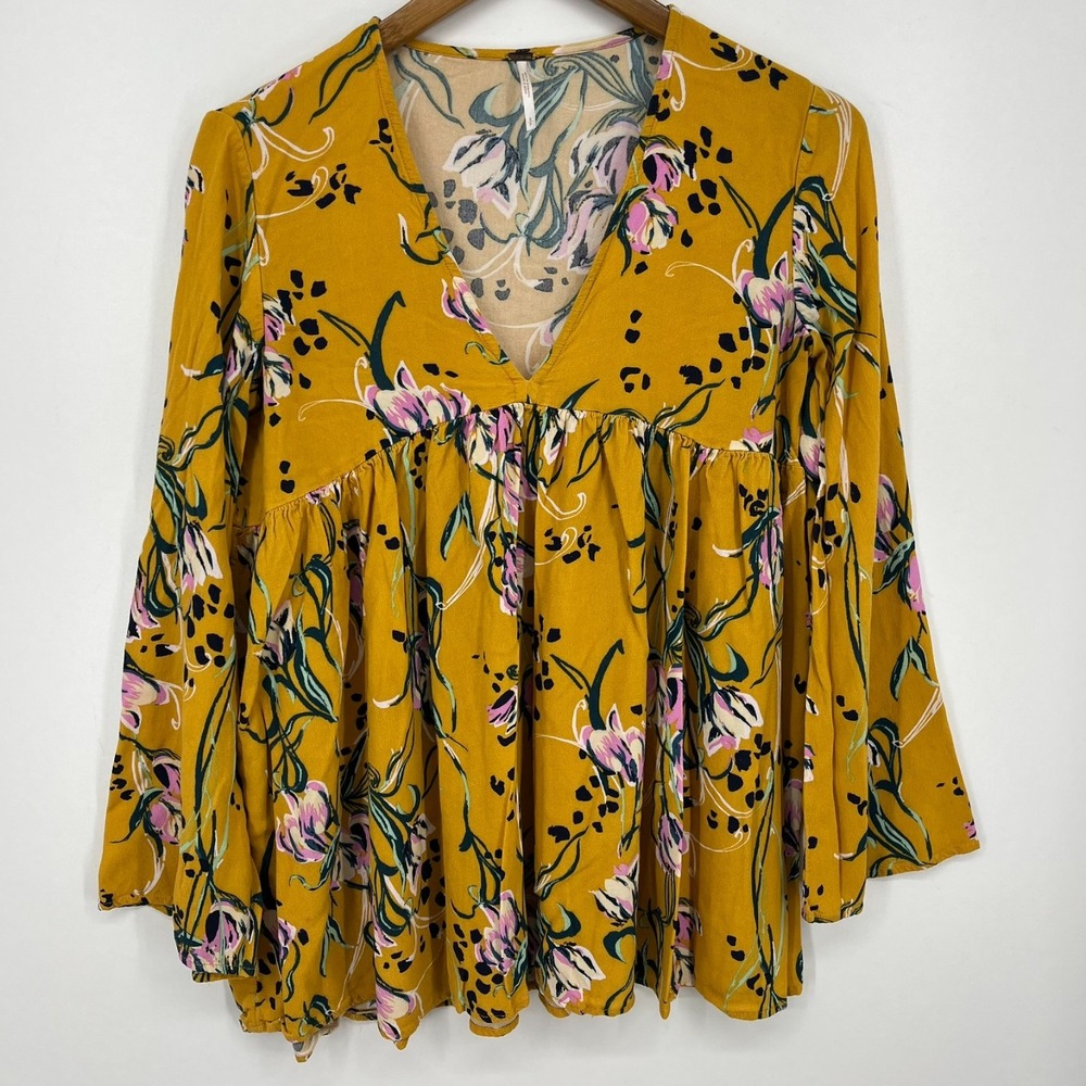 Free People Blouse Women's Size S Yellow Long Bell Sleeves Floral V-Neck Boho